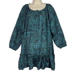 Tanya‎ Taylor 18W 2X Silk Tunic Dress Blue Black Animal Print Peasant Ruffle Hem